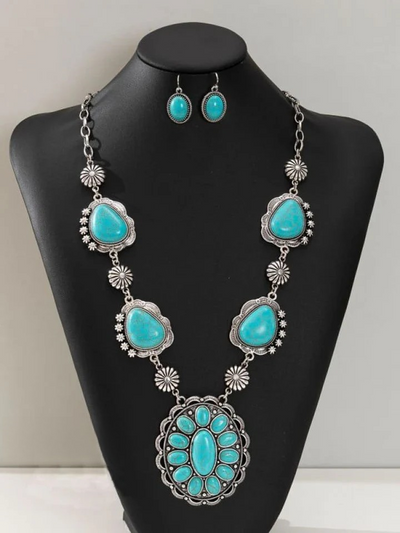 Western style retro special-shaped turquoise necklace with earrings jewelry set