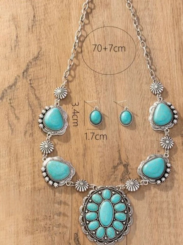 Western style retro special-shaped turquoise necklace with earrings jewelry set