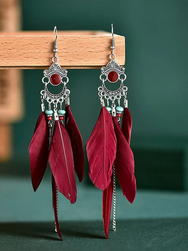 Vintage Fringe Colorblock Feather Earrings