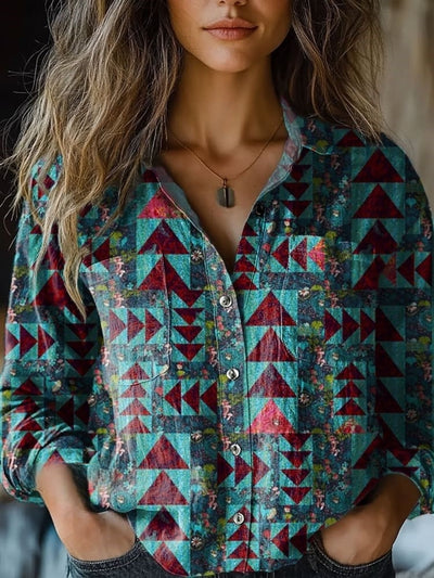 Women's Retro Triangle Print Casual Long Sleeve Comfortable Cotton Shirt