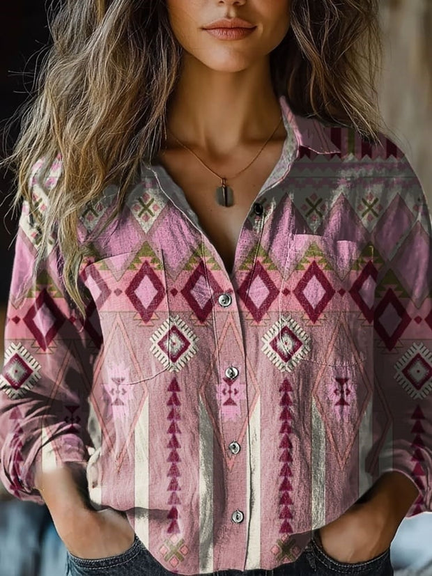 Women's Retro Pink Aztec Print Casual Long Sleeve Comfortable Cotton Shirt