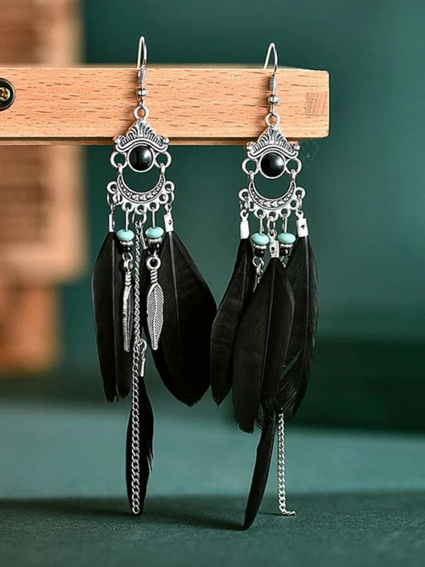 Vintage Fringe Colorblock Feather Earrings