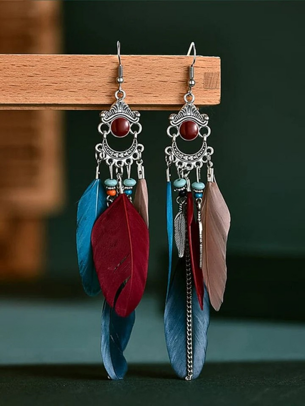 Vintage Fringe Colorblock Feather Earrings