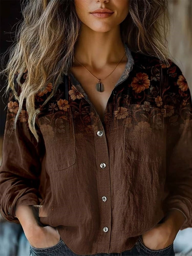 Women's Brown Flower Print Casual Long Sleeve Comfortable Cotton Shirt