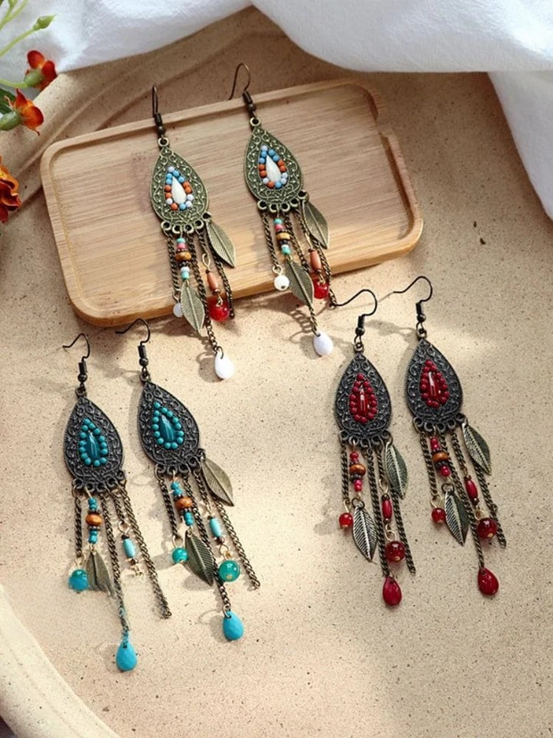 Retro Leaf Bead Tassel Water Drop Shaped Earrings