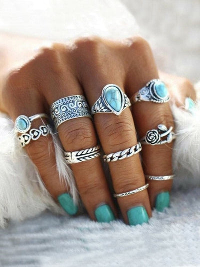 Vintage Totem Flower Turquoise 10-piece Joint Combination Ring