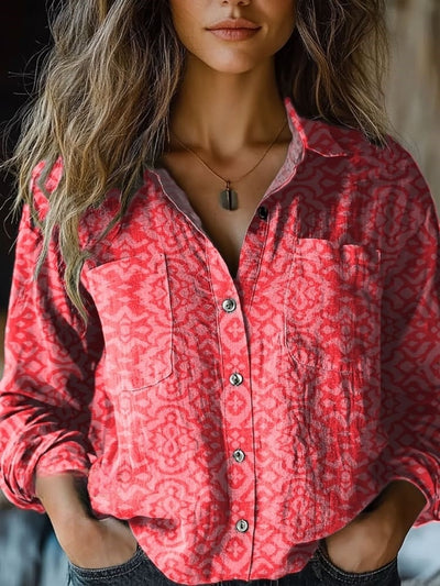 Women's Retro Pink Ethnic Pattern Art Print Casual Long Sleeve Comfortable Cotton Shirt