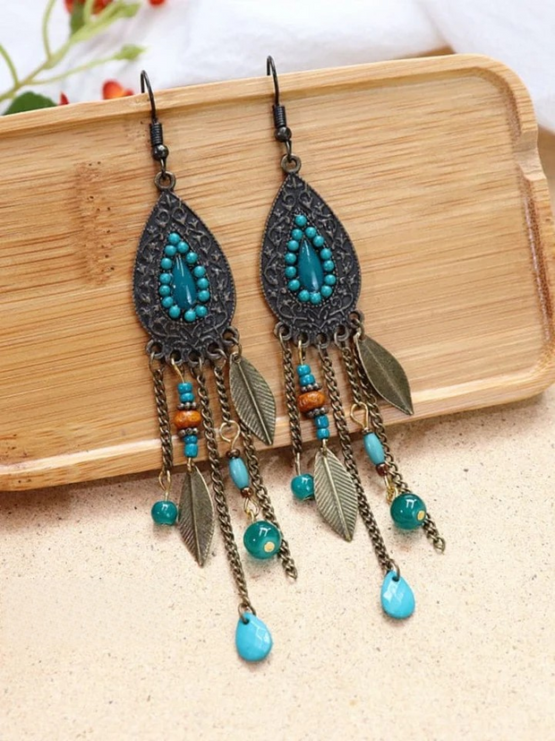 Retro Leaf Bead Tassel Water Drop Shaped Earrings