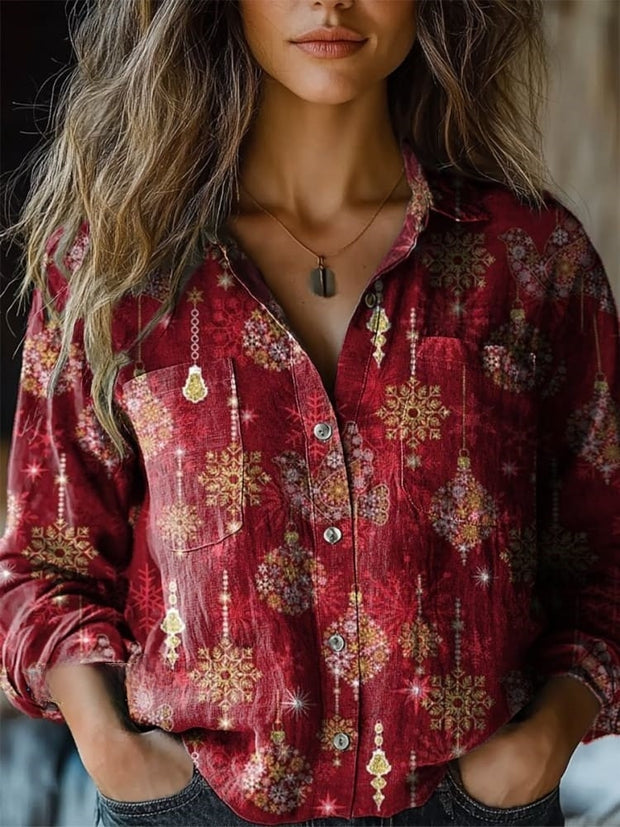 Women's Christmas Gold Ornament Pattern Print Casual Long Sleeve Comfortable Cotton Shirt