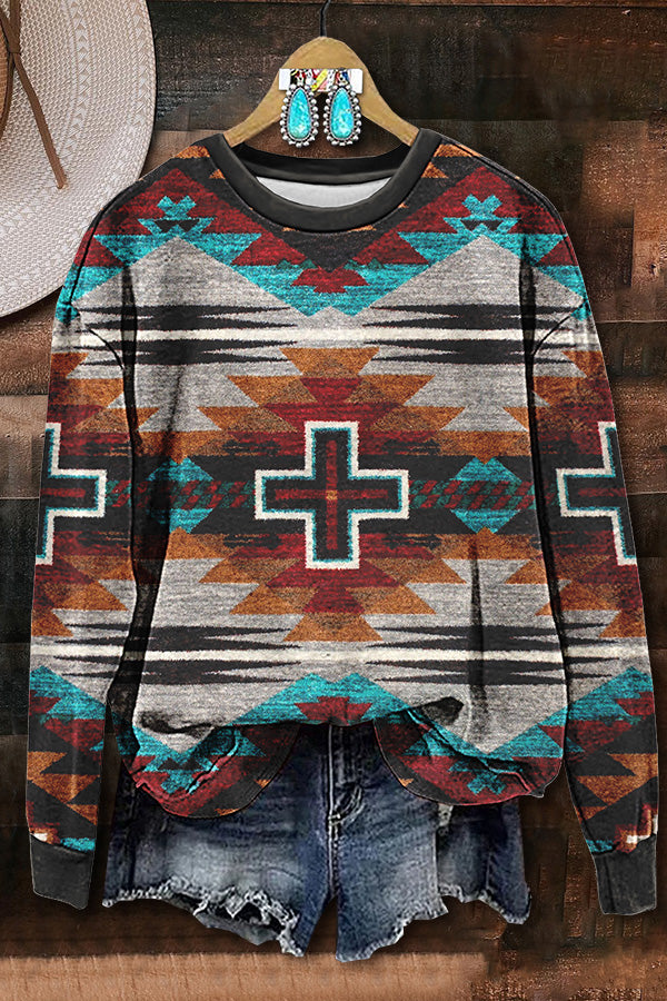 Retro Ethnic Western Aztec Printed Sweatshirt