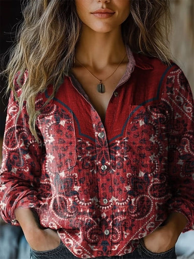 Western Style Ethnic Pattern Printed Women's Casual Long Sleeve Comfortable Cotton Shirt