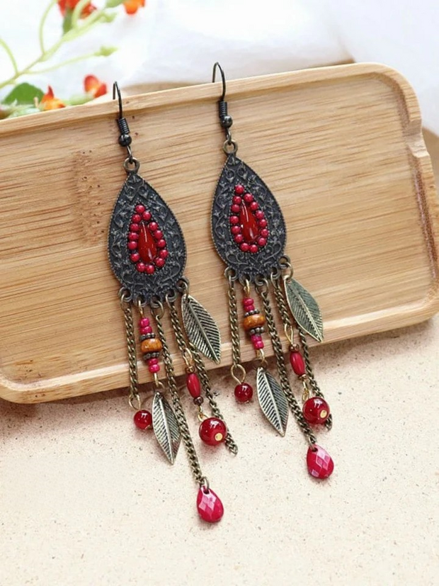 Retro Leaf Bead Tassel Water Drop Shaped Earrings