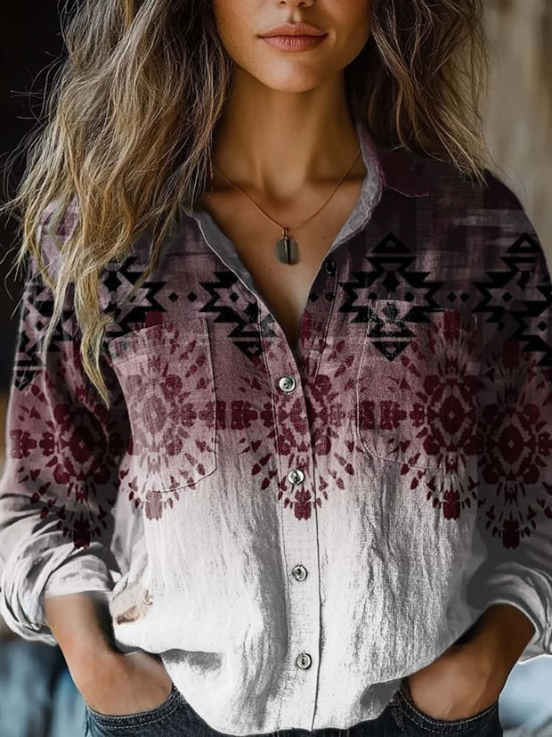 Women's Purple Gradient Aztec Art Print Casual Long Sleeve Comfortable Cotton Shirt