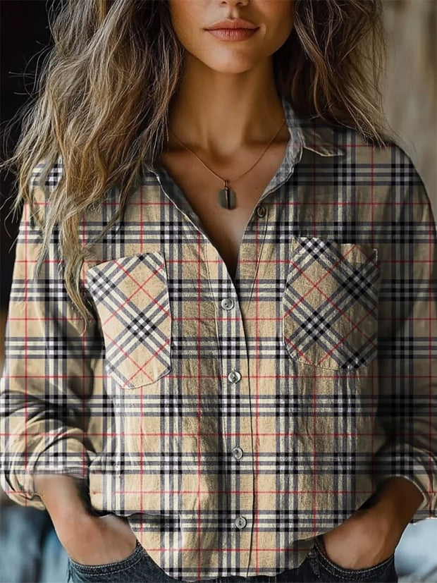 Retro Plaid Pattern Printed Women's Casual Long Sleeve Comfortable Cotton Shirt