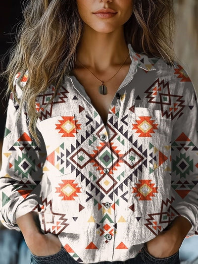 Women's Retro Aztec Print Casual Long Sleeve Comfortable Cotton Shirt