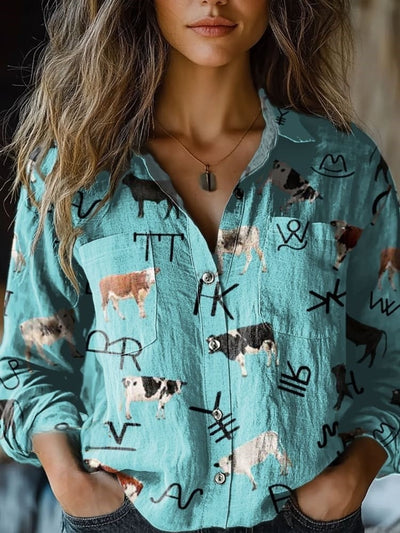 Women's Retro Cyan Bull Ethnic Symbol Print Casual Long Sleeve Comfortable Cotton Shirt