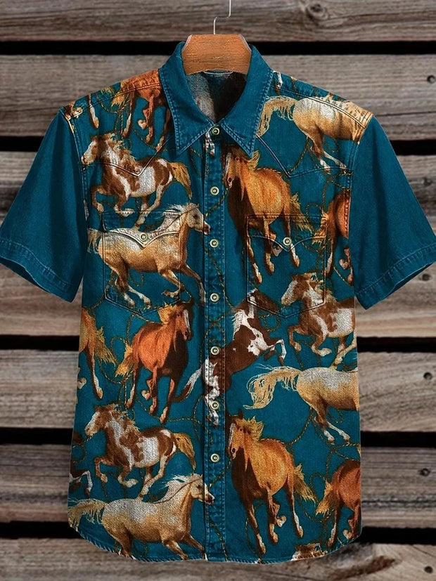 Dark Blue Vintage A Group of Horses Seamless Print Casual Shirt