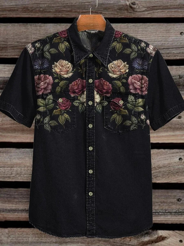 Vintage Black Background, Flowers Print Casual Shirt