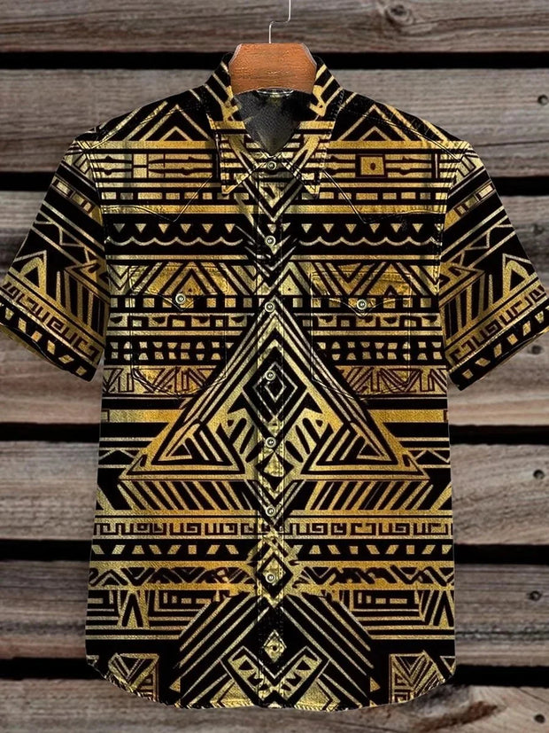 Vintage Black Gold Aztec Style Stripe Print Casual Shirt