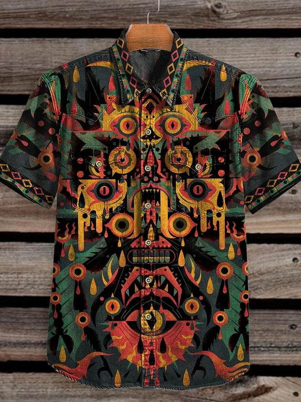 Vintage Geometric Plane Totem Monster Print Casual Shirt