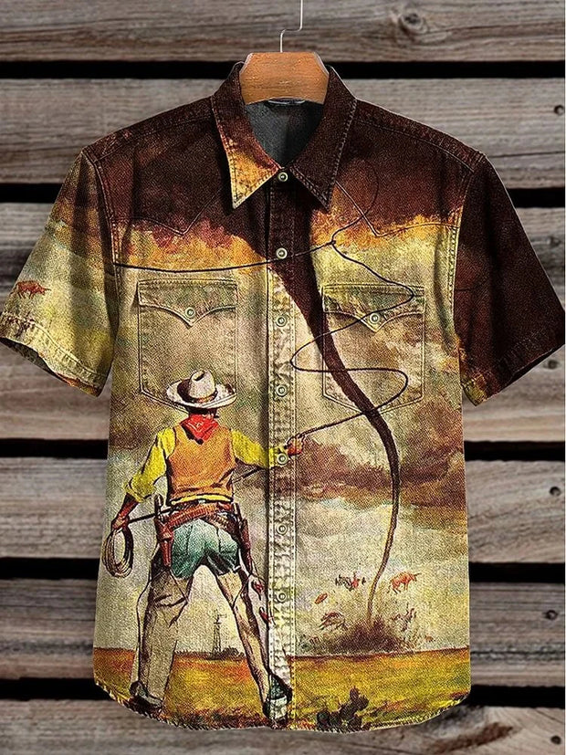 Vintage Wild West Cowboy Print Casual Shirt