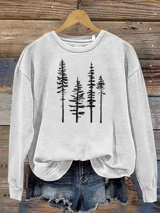 Pine Trees Silhouette Graphic Printed Casual Sweatshirt