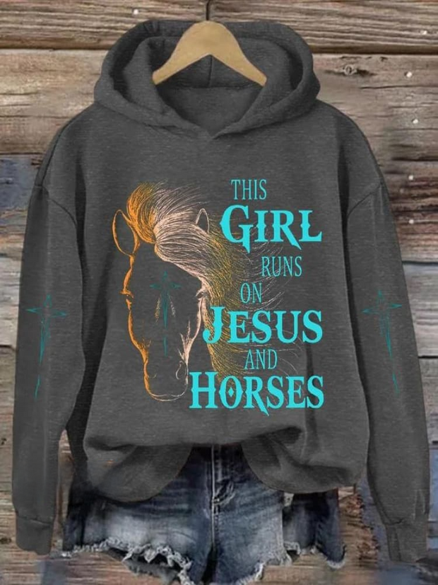 This Girl Runs On Jesus And Horses Art Pattern Print Casual Sweatshirt