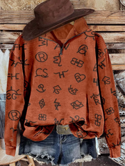 Western Cattle Brands Print Casual Long Sleeve Zip Sweatshirt