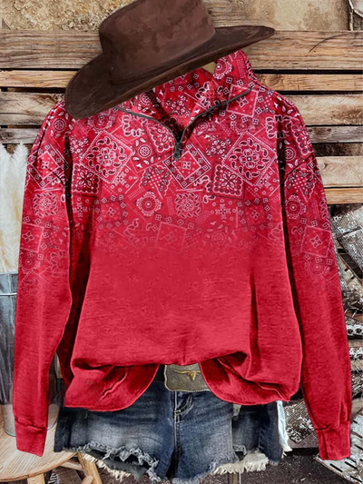 Paisley Casual Long Sleeve Zip Sweatshirt