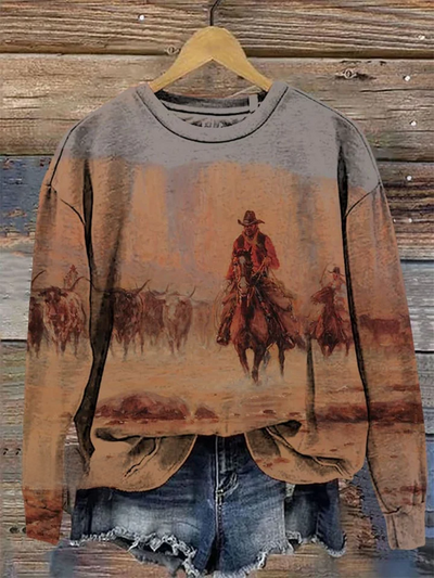 Western Style Print Casual  Sweatshirt