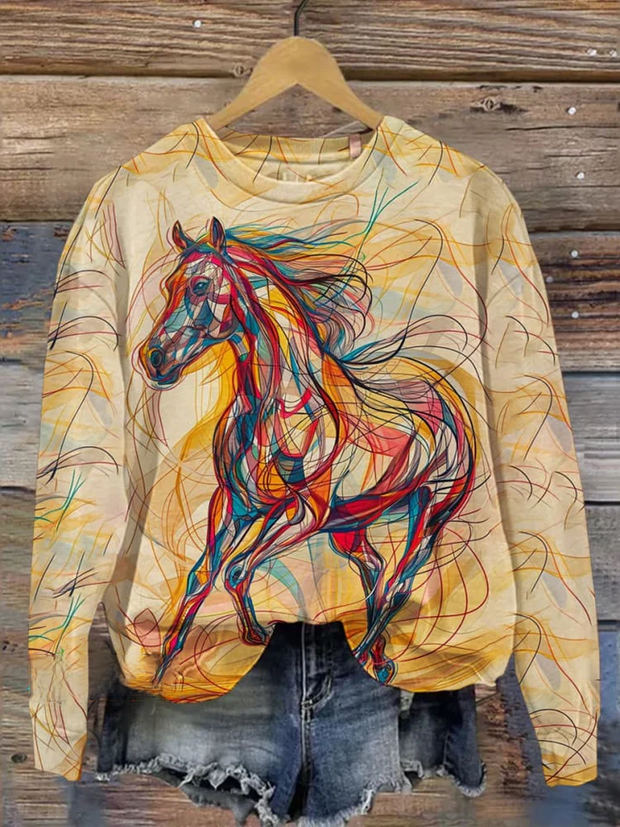 Horse Art Print Crew Neck Sweatshirt