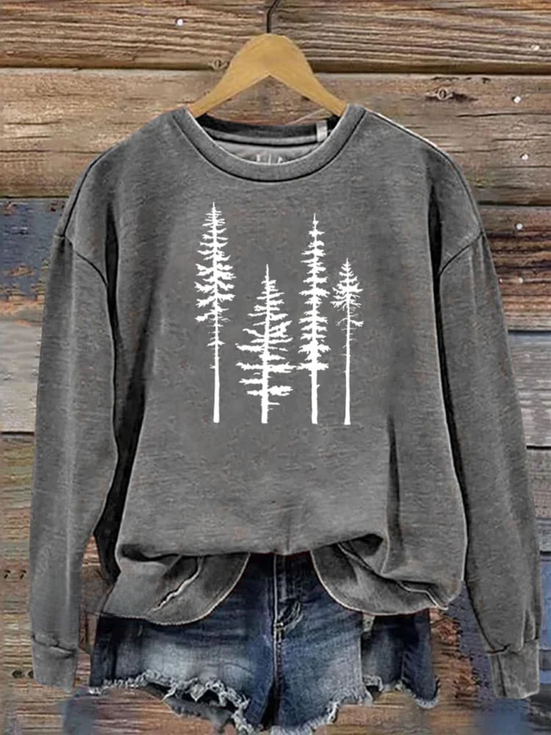 Pine Trees Silhouette Graphic Printed Casual Sweatshirt