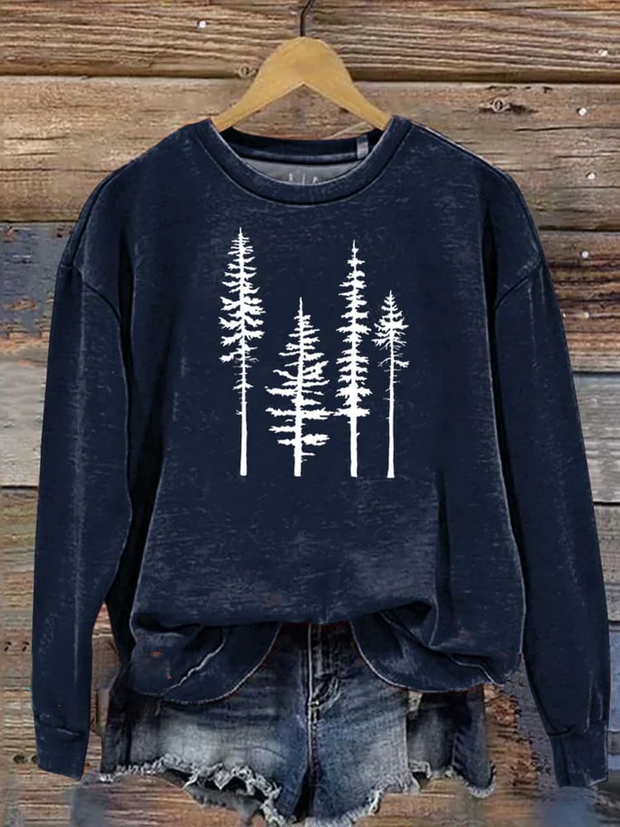 Pine Trees Silhouette Graphic Printed Casual Sweatshirt