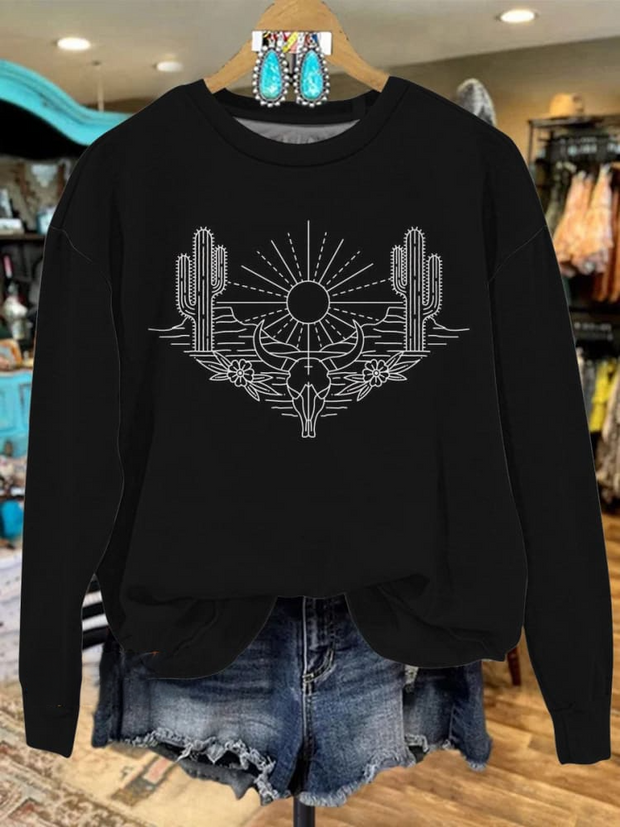 Black Vintage Bull Head Sun Line Print Casual Sweatshirt