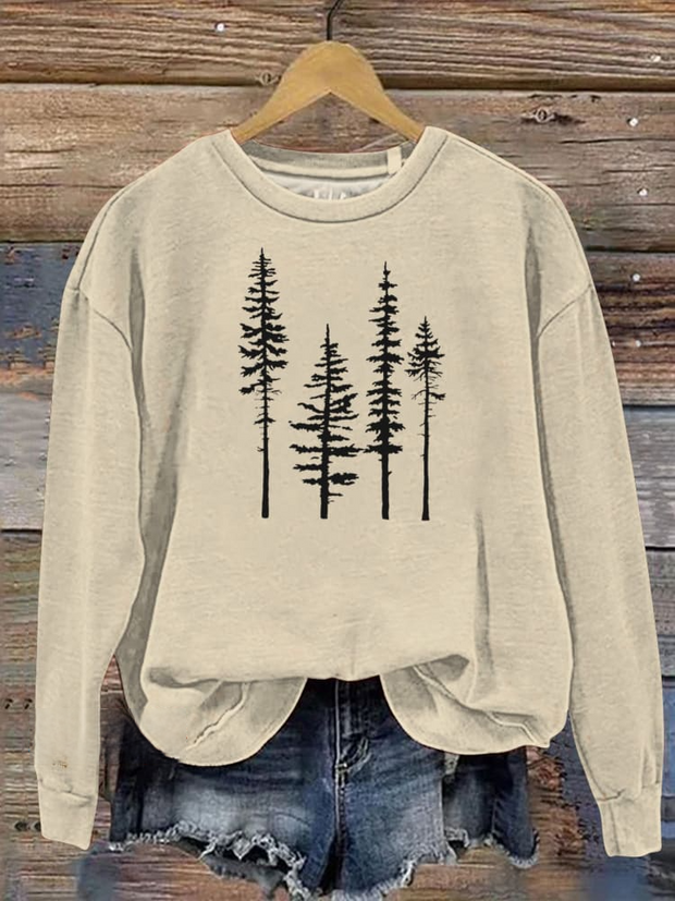 Pine Trees Silhouette Graphic Printed Casual Sweatshirt