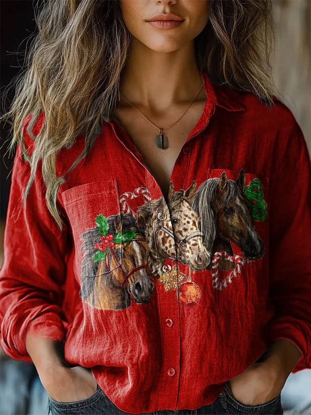 Women's Red Vintage Christmas Horse Print Casual Long Sleeve Comfortable Cotton Shirt