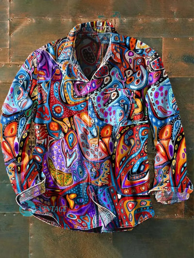 Men’s Ethnic Abstract Printed Casual Long Sleeve Lapel Shirt As Picture / S