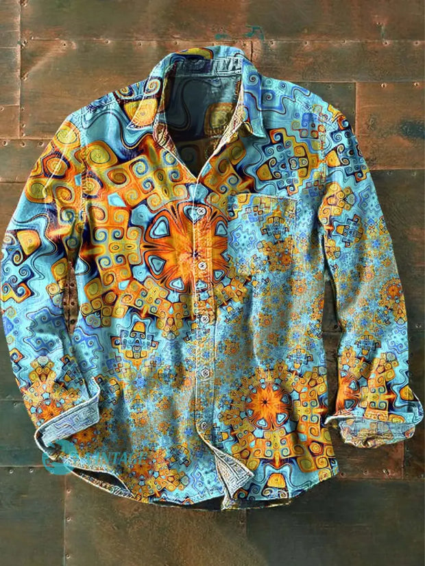 Men’s Ethnic Abstract Printed Casual Long Sleeve Lapel Shirt As Picture / S