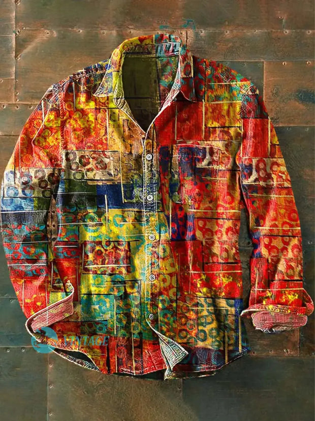 Men’s Ethnic Abstract Printed Casual Long Sleeve Lapel Shirt As Picture / S