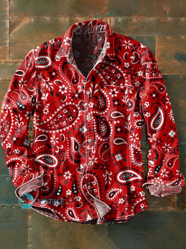 Men’s Vintage Cashew Flower Pattern Printed Casual Long Sleeve Lapel Shirt As Picture / S