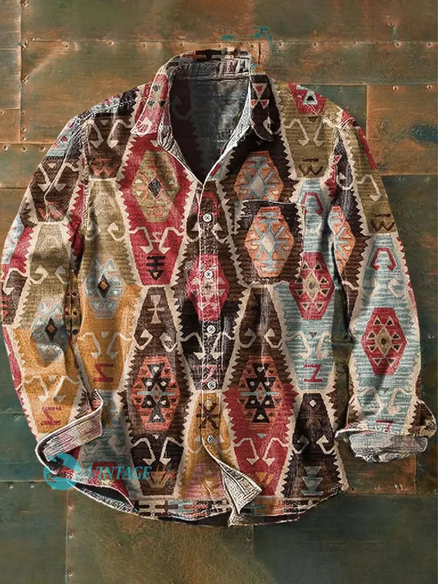 Men’s Vintage Western Pattern Print Casual Long Sleeve Lapel Shirt As Picture / S