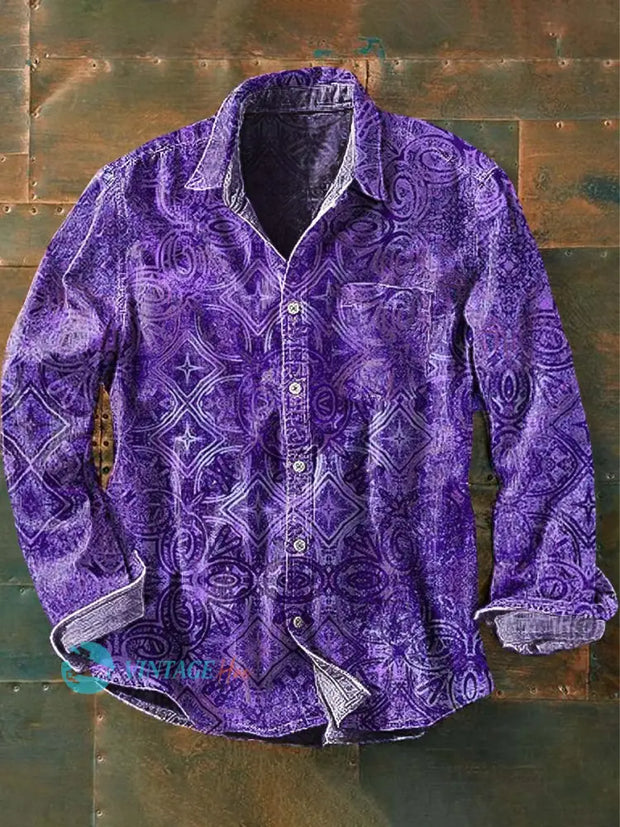 Men’s Vintage Western Pattern Print Casual Long Sleeve Lapel Shirt As Picture / S