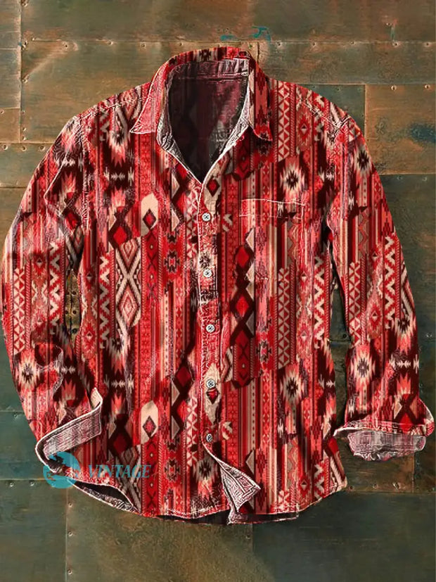 Men’s Western Style Pattern Printed Casual Long Sleeve Lapel Shirt As Picture / S