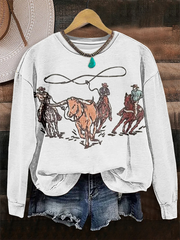 Retro Western Cowboy Print Long Sleeve Sweatshirt