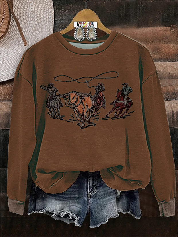 Retro Western Cowboy Print Long Sleeve Sweatshirt