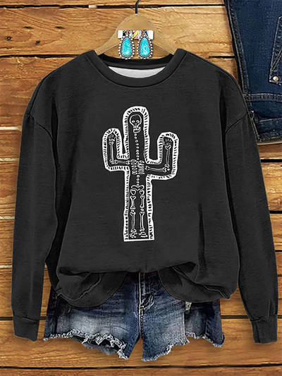 Western Skull Cactus Print Sweatshirt