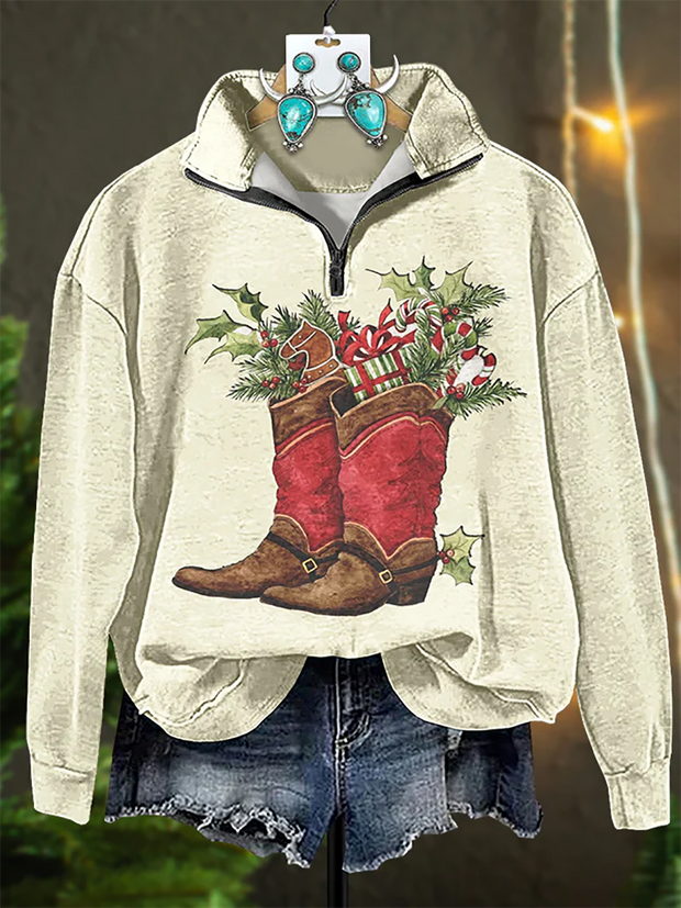 Christmas Gift Boots Printed Zipper Sweatshirt