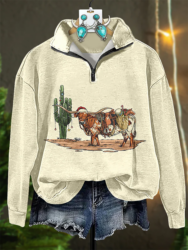 Christmas Cactus Cow Zip Sweatshirt