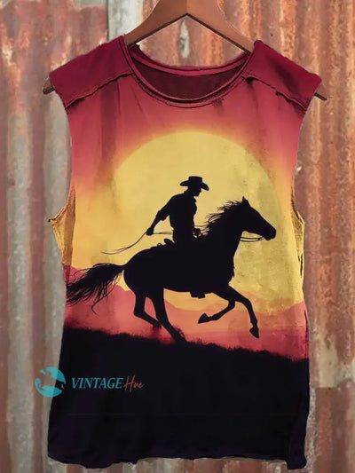 Retro Western Cowboy Art Print Casual Vest Orange / S