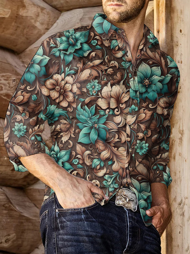 Men's Vintage Western Flowers Print Casual Long Sleeve Shirt